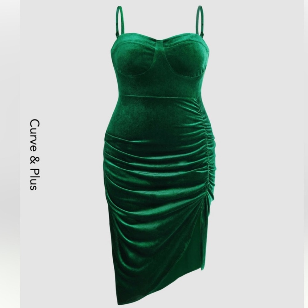 Cider Green Velvet Ruched Bustier Midi Dress